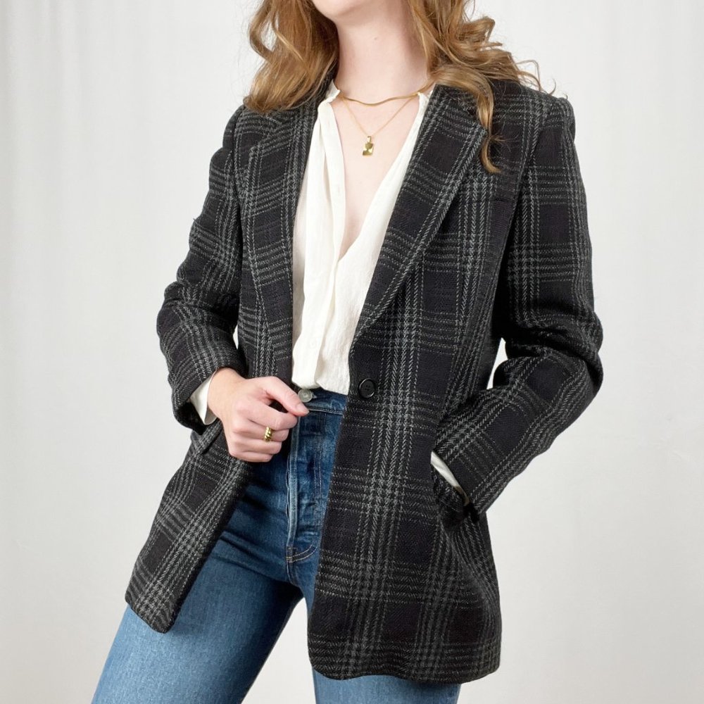 Vintage Plaid Oversized Wool Knit Blazer Jacket Coat Preppy Dark Academia USA